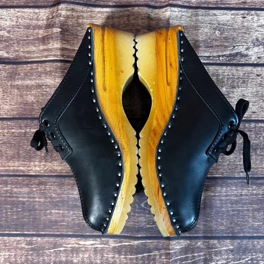Troentorp of Sweden Audubon Black Leather Lace Up Wooden Clogs Mules Womens 38 - Picture 6 of 12